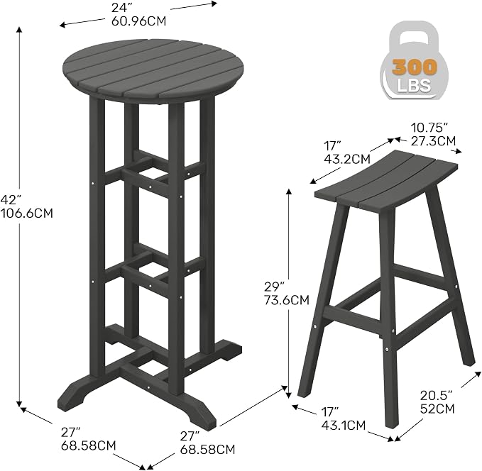 Costaelm Outdoor Bar Table, 42" Counter Height Round Patio Cocktail Bar Table, Patio Bar Table 3-Pieces Set Bistro Dining Table Pub Table for Deck, Backyard, Garden, Gray