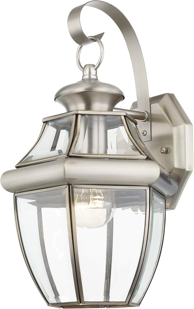 Livex Lighting 2151-91 Monterey 1 Light Outdoor Brushed Nickel Finish Solid Brass Wall Lantern with Clear Beveled Glass 13" x 8.5" x 8.25" | Dimensions: 13" x 8.5" x 8.25"; Clear Beveled Glass 13" x 8.5" x 8.25"; Solid brass construction