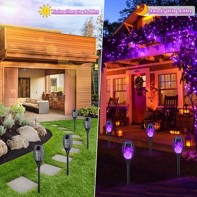 12Pack Purple Solar Halloween Lights for Halloween Decorations Outdoor | Halloween Solar Lights Outdoor with Flickering Flame, Waterproof Torches for Outside, Scary Halloween Yard Pathway Decoration