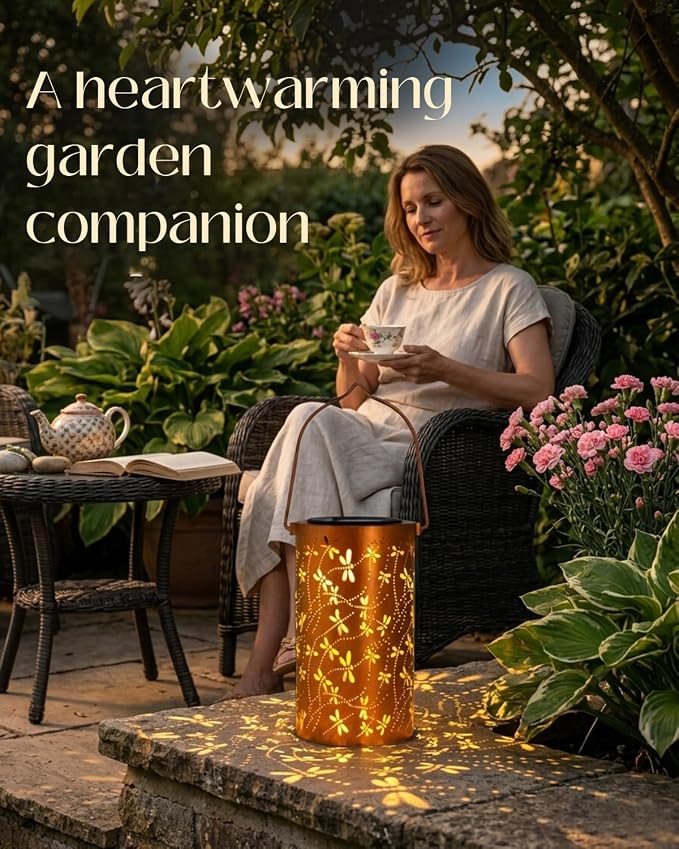 DIBIEECN Birthday Gifts for Women Mom Grandma Wife, Solar Lanterns Outdoor Waterproof, Metal Hanging Lights Garden Decor, LED Decorative Lantern for Patio Porch Backyard,Dragonfly, 1 Pack