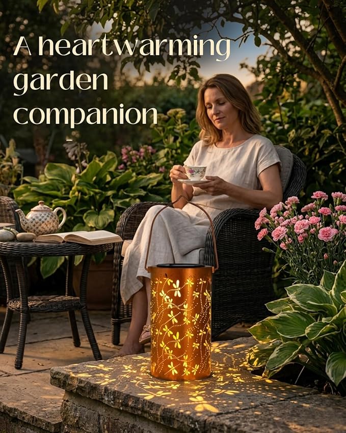 DIBIEECN Birthday Gifts for Women Mom Grandma Wife, Solar Lanterns Outdoor Waterproof, Metal Hanging Lights Garden Decor, LED Decorative Lantern for Patio Porch Backyard, Dragonfly, 4 Pack