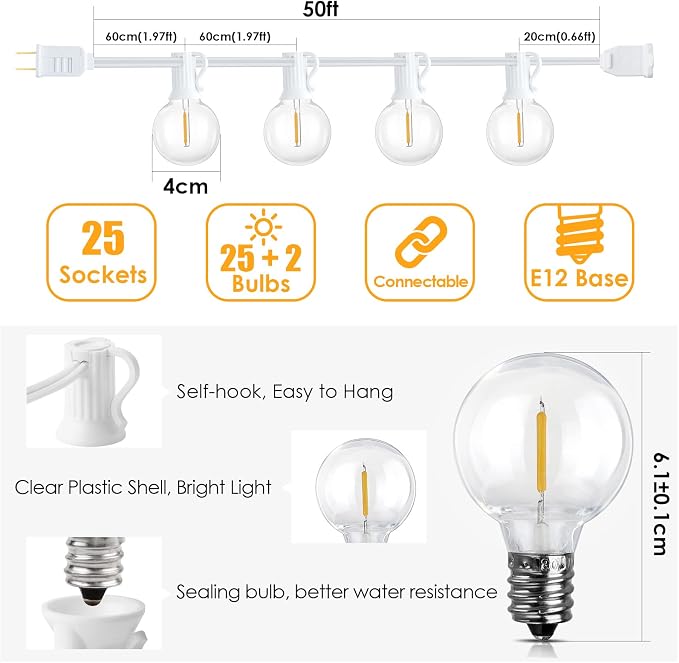 Mlambert 50Ft Outdoor String Lights, G40 Globe Patio Lights with 25+2 Waterproof Shatterproof LED Bulbs for Balcony Porch Bistro Deck-White Wire