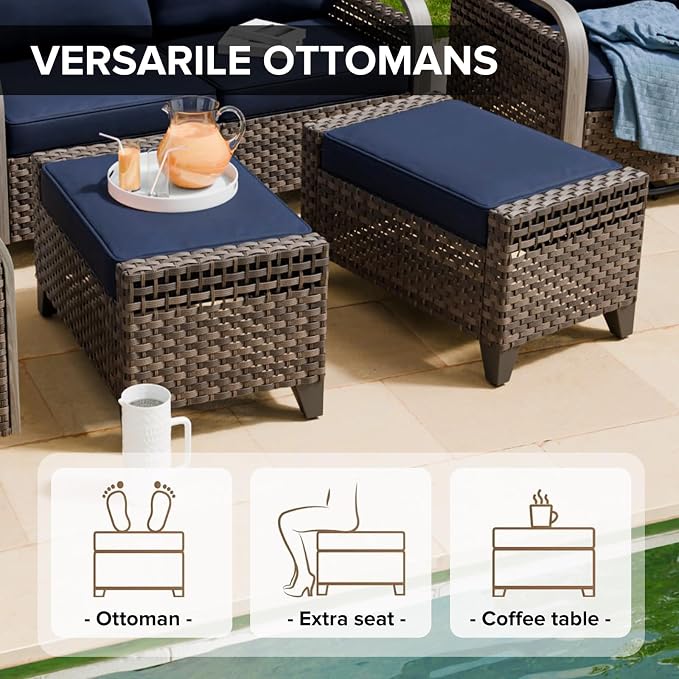 COOS BAY Modern Wicker Outdoor Furniture Set, 3 Piece Patio Conversation Set with a 3 Seat Couch and 2 Ottomans, 3 Piece, Brown/Blue