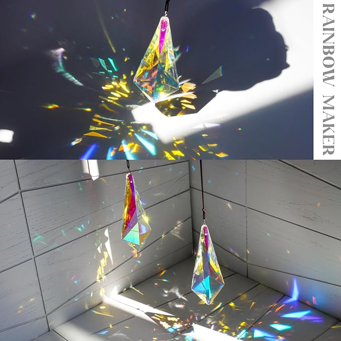 2 Pcs AB Coating Crystal Horn Prism Suncatcher Rainbow Window Decor | AB Coating Crystal Horns Prisms Suncatcher Rainbow Maker Hanging Pendants for Wedding Party Christmas Tree Window Decor