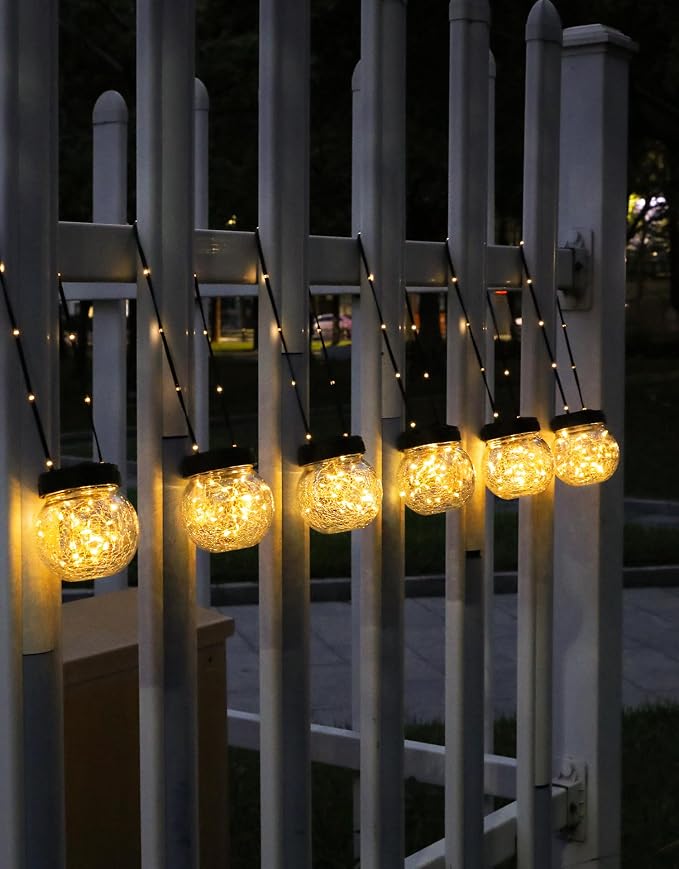Solar Lights Outdoor Waterproof 12-Pack, Solar Powered Hanging Lantern Cracked Glass Hanging Globes for Yard Decor Christmas Decoration, Shepherd Hook, Garden Tree Ornaments, Warm White