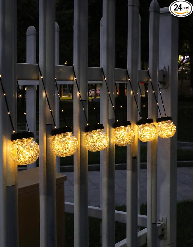 Solar Lights Outdoor Waterproof 24-Pack, Solar Powered Hanging Lantern Cracked Glass Hanging Globes for Yard Decor Christmas Decoration, Shepherd Hook, Garden Tree Table Ornaments, Warm