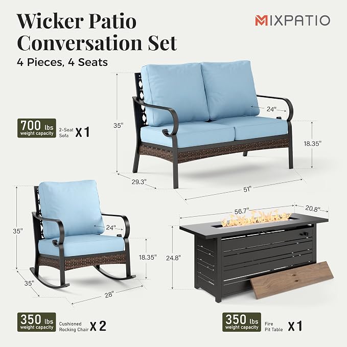 MIXPATIO Patio Furniture Set with Firepit Table, Black Frame Outdoor Conversation Set with 2 x Rocking Chair, 1 x 2-Seat Sofa for Lawn Garden Backyard, Blue