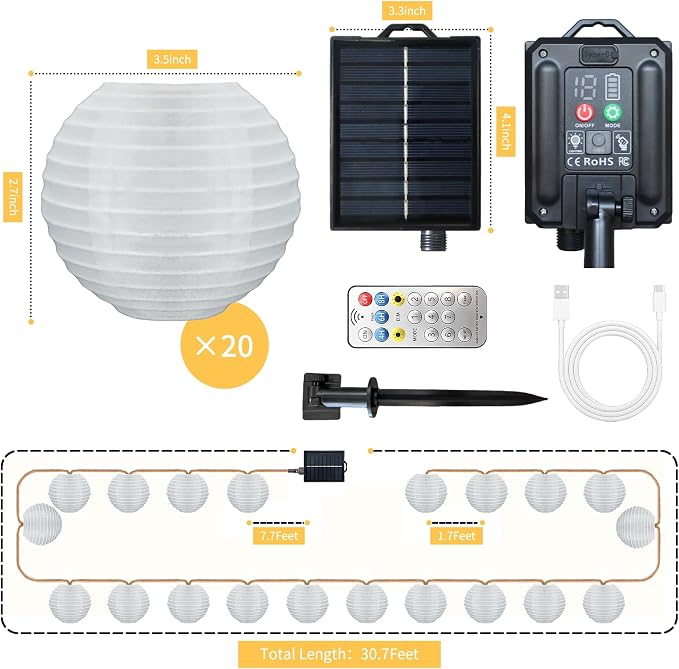 Outdoor Solar String Lantern Lights 30.7FT,Outdoor IP44 Waterproof 20 Lantern Added 1 Lantern Lights,8 Modes Solar Type-C Powered Patio Lights for Backyard Garden Cafe Bistro Party Decor