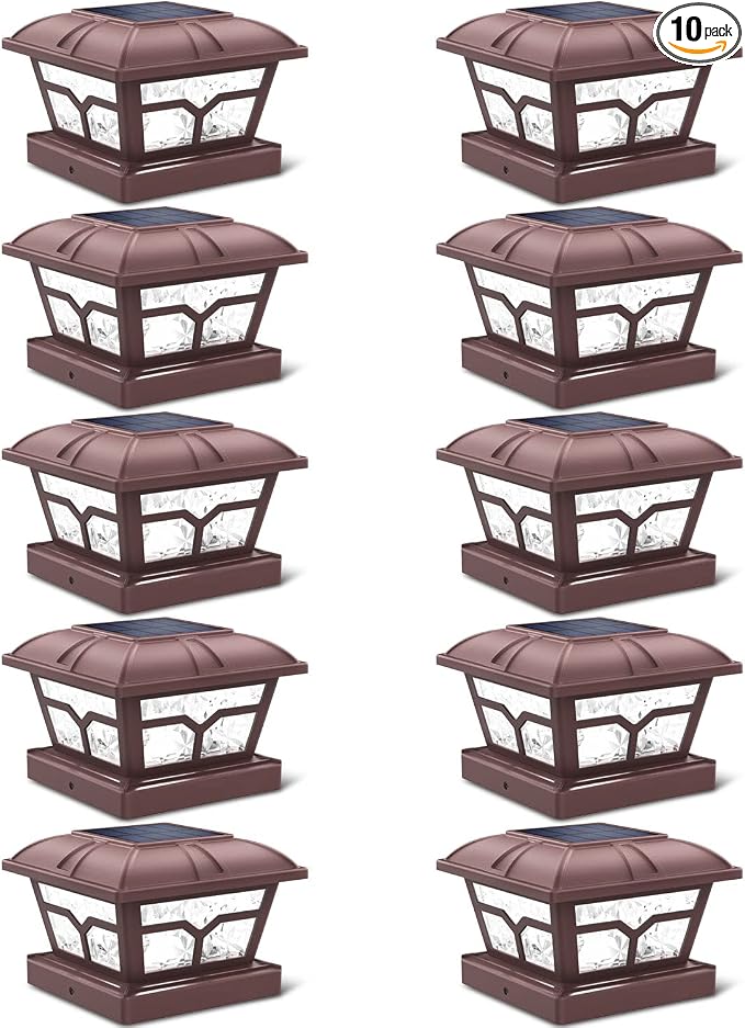 SIEDiNLAR Solar Post Cap Lights Outdoor 2 Color Modes 8 LEDs for 4x4 5x5 6x6 Wooden Vinyl Posts Fence Deck Patio Decoration Warm White & Cool White Lighting Brown (10 Pack)