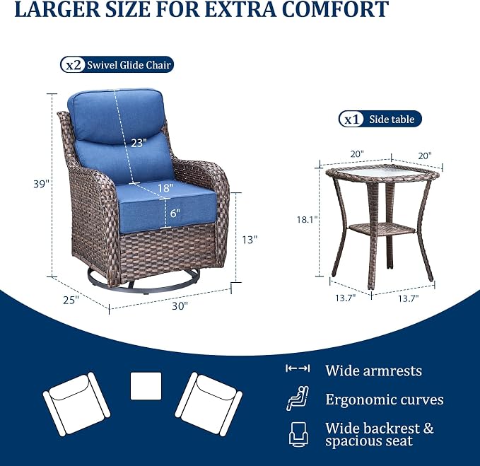 Luxury Swivel Rocker Chairs Set with 6" Thick Cushion 3 piece Wicker Outdoor Swivel Rocker Patio Chair with Side Table High Back Comfortable Outdoor Patio Furniture Set - Brown | Blue
