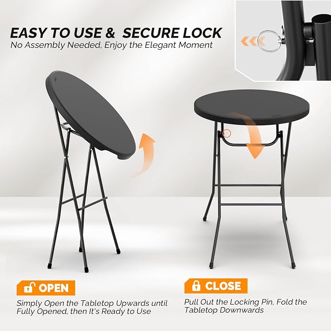 Bonnlo 32" Cocktail Table High Top Table, Folding Round Table Bar Height, HDPE Matrial with Gray Metal Finish for Outdoor Party, Backyard, Dining Room, Wedding Event,Black- 10PCS