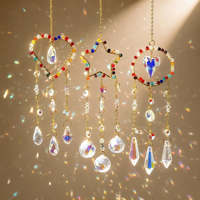 3 Pcs Crystal Suncatcher Rainbow Maker Star Heart Moon Window Decor | Star Heart Moon Crystal Suncatcher Rainbow Prism Pendant Hanging for Window Indoor Garden Car Home Display Decor