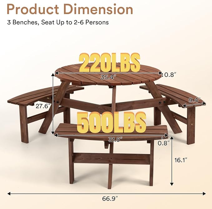 Zevemomo 6 Person Wood Picnic Table, Round Tabletop with Umbrella Hole, 3 Built-in Curved Benches, 1720LBS Total Capacity for Patios, Backyard, Brown