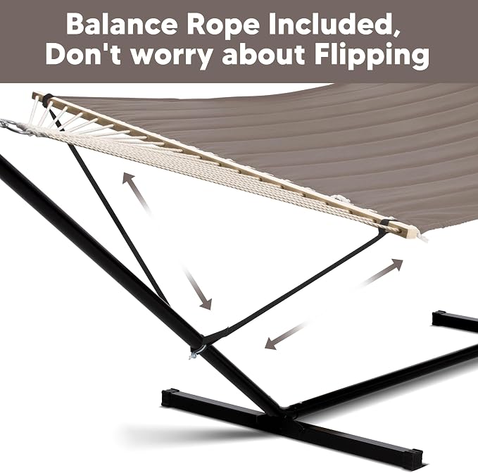 SUNCREAT 55 Inch Extra Large Double Hammock with 12 ft Stand, 475lbs Capacity, Outdoor Portable Hammock with Hardwood Spreader Bar, Extra Large Pillow, Brown