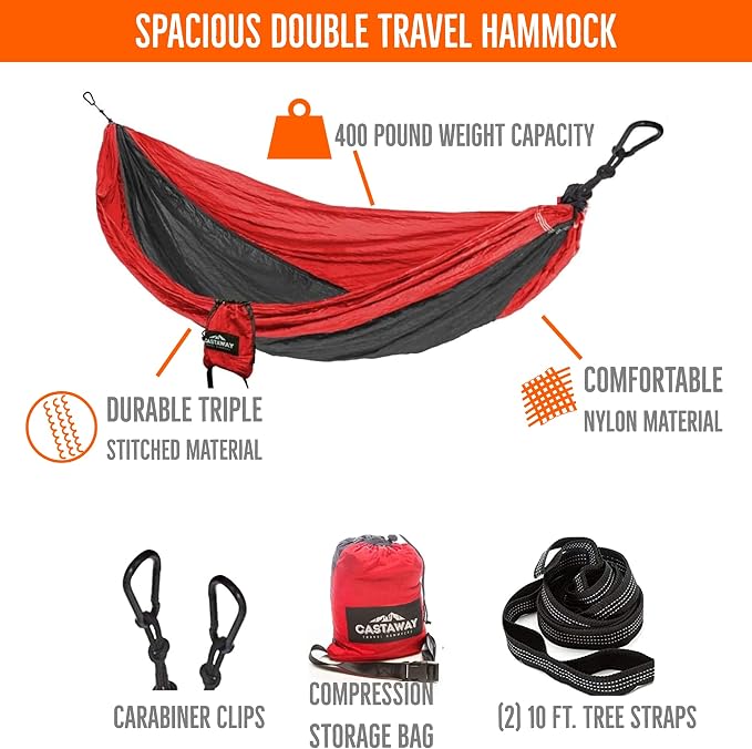 Castaway Living Travel Camping Hammock with Space Saving Stand & Storage Bag with an 400 LB Weight Capacity - Red/Charcoal