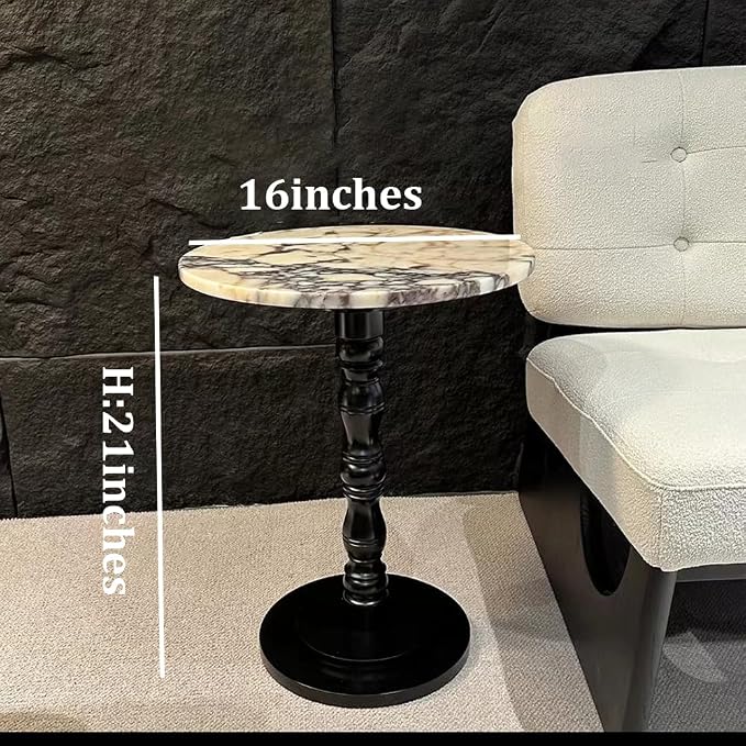 Natural Marble Top Side Table, Solid Wood Base, 16 Inches, Natural Transitional Style for The Living Room and Bedroom Storage and Display (R0MA350-white)