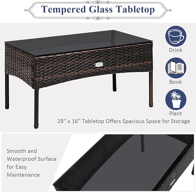Tangkula 3 Pieces Patio Conversation Set, All Weather Outdoor PE Rattan Wicker Furniture Set with Padded Cushions, Tempered Glass Coffee Table, for Poolside, Backyard, Garden (Navy)
