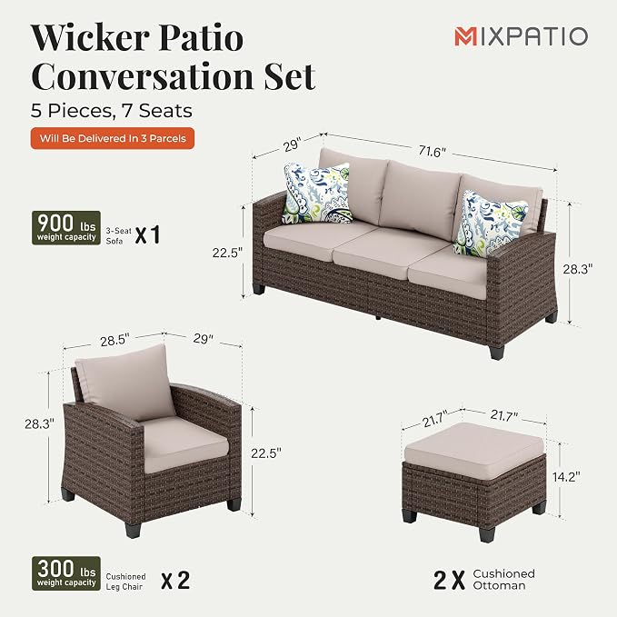 MIXPATIO Patio Furniture Set, 5 Pcs Wicker Rattan Outdoor Conversation Set, 2 x Leg Chairs, 1 x 3 Seater Sofa and 2 x Ottoman with 4" Thick Cushion, Beige