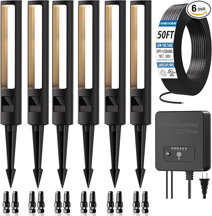 MEIKEE 5W Low Voltage Path Lights, 12-24V Auto On/Off Landscape Lighting | 2700K Warm White, IP66 Waterproof, Aluminum Garden Lights with 80W Transformer 50FT Cord for Pathway, Yard, Lawn 6-Pack