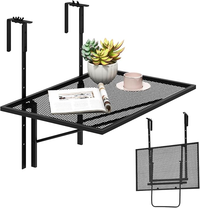 LDAILY Balcony Railing Table, Large Metal Folding Hanging Table with 5-Level Adjustable Height, Heavy-Duty Outdoor Bar Table Fits 1.4”-4” Railings for Patio, Porch, Deck, Black