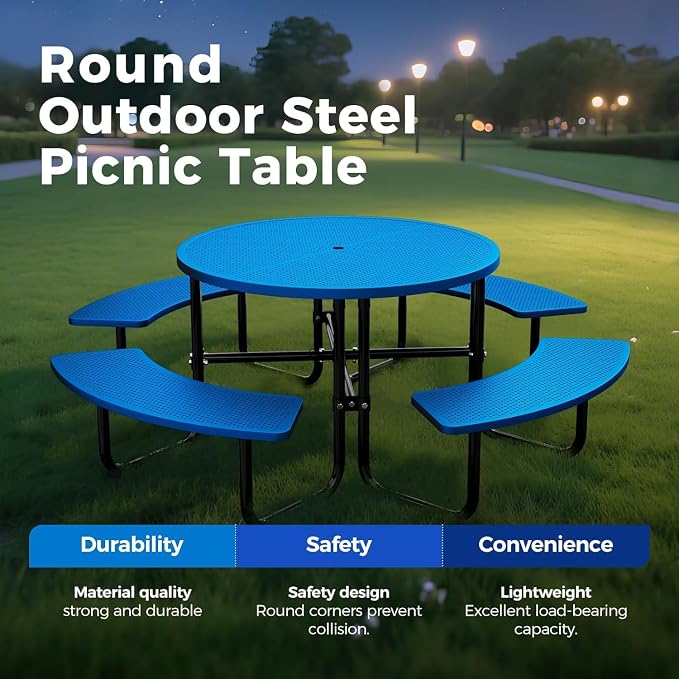 46" Coated Round Metal Picnic Table for 4-8 Person, Durable Heavy Duty Commercial Picnic Table with Umbrella Hole for Outdoor Coffee Shop, School, Easy to Install, Blue