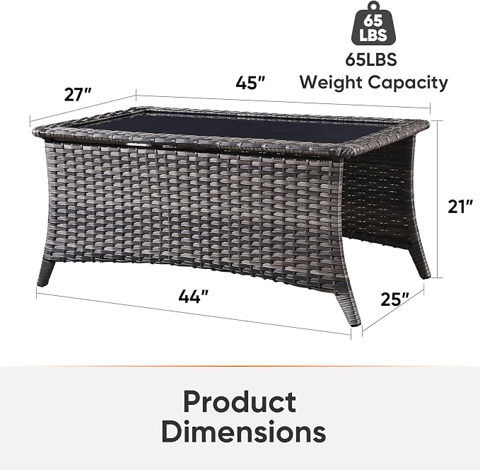 Outdoor Coffee Table - Patio Rattan Wicker Coffee Table with Tempered Glass Top Outdoor Table for Deck Porch Balcony Garden - Grey