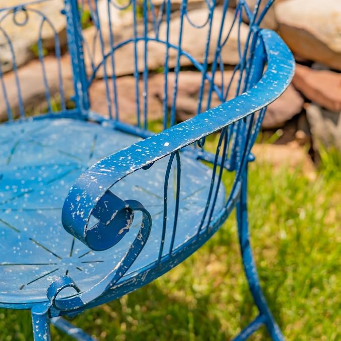 Zaer Ltd. Vintage Style Metal Patio Furniture with Heart Design Accents, Outdoor/Indoor Decor (Vintage Blue, Arm Chair)