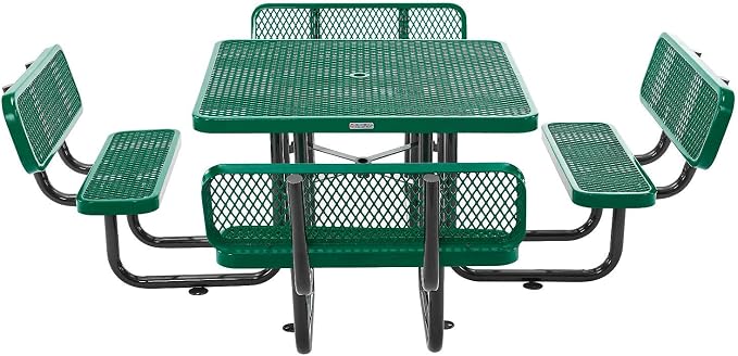 Global Industrial 46" Square Picnic Table with Backrests, Expanded Metal, Green Thermoplastic Coating, 1-1/2" Umbrella Hole, Outdoor-Rated, 1000 Lbs Capacity