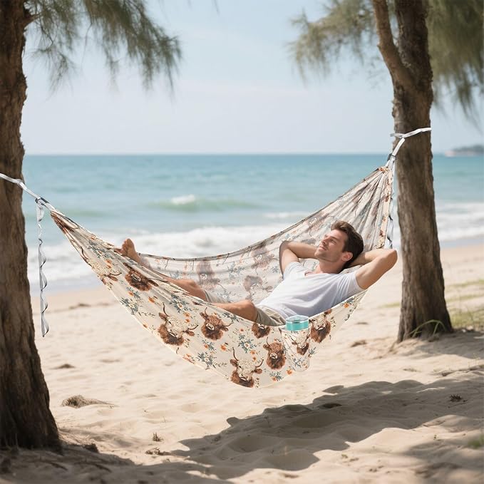 Camping Hammock Outdoor Hammocks for Outside Bison Cattle Red Flower Beach Trees Portable Lightweight with Pockets Tree Straps Indoor