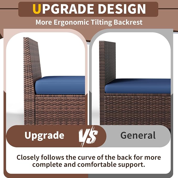 Patio Furniture with Fire Pit Table,8‘’ Wide armrest Outdoor Sectional Rattan Sofa Set, Wicker Patio Furniture Sets w/Coffee Table,Thick Cushions and Cover for Porch,Deck, 9PC(Brown&Navy)