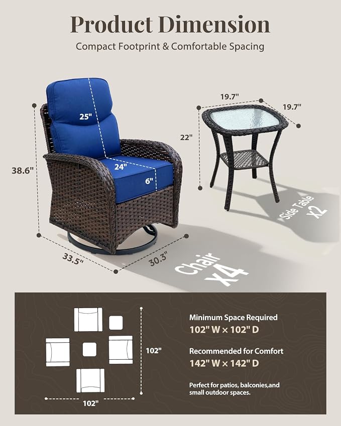 Patio Furniture Set with Luxury 6" Cushions, 6 Pieces Swivel Rocking High Back Patio Chairs, Outdoor Wicker Conversation Set for Deck, Porch, Backyard, Poolside, Blue