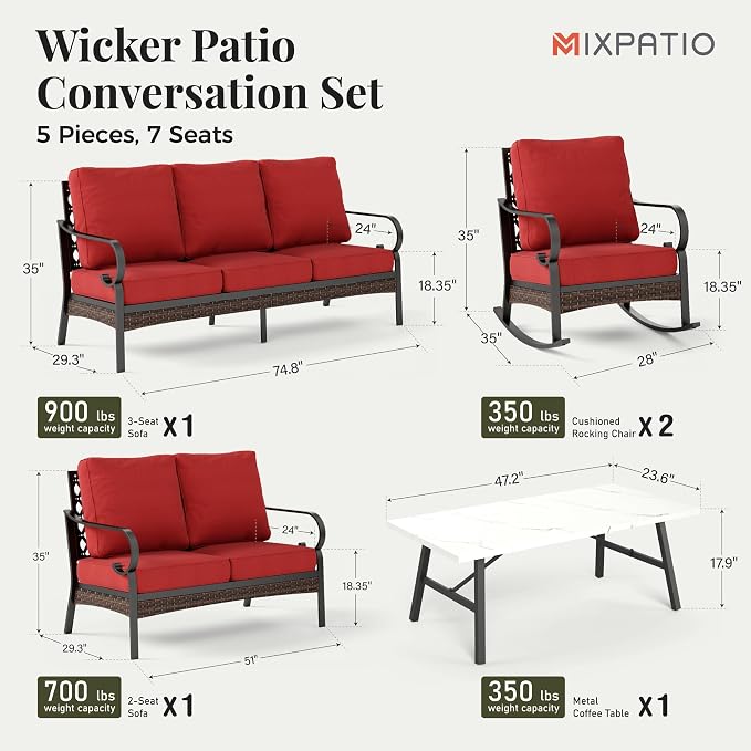 MIXPATIO Patio Furniture Set with Coffee Table, Outdoor Conversation Set with 2 x Rocking Chairs, 1 x 2-Seat Sofa, 1 x 3-Seat Sofa for Lawn Garden Backyard, Red