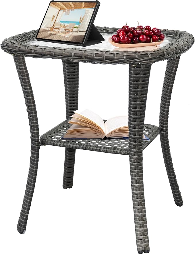 Outdoor Patio Coffee Tables, All Weather Resin Rattan Patio Glass Coffee Table, for Garden Backyard Lown Porch