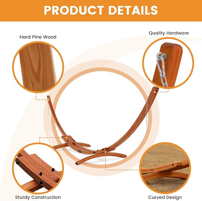 Lazy Daze Hammocks Sunbrella Fabric Hammock with 13FT Wood Arc Stand, 2 Person Outdoor Hammock Combo with Free Pillow, All Weather & Fade Resistant, for Patio Yard, 450 lbs Capacity, Token Surfside