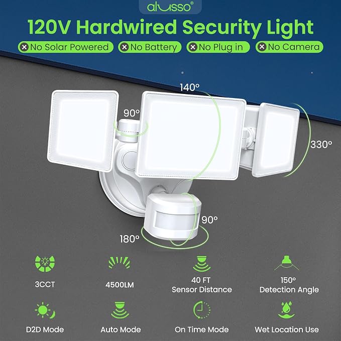 ALUSSO Motion Sensor Outdoor Lights Hardwired(Not Solar),40W 4500LM Flood Lights Outdoor 120V,3 Modes(Dusk to Dawn/Auto/On Time), 3CCT 3000K/4000K/6500K Security Light for Garage Yard Porch,White,ETL