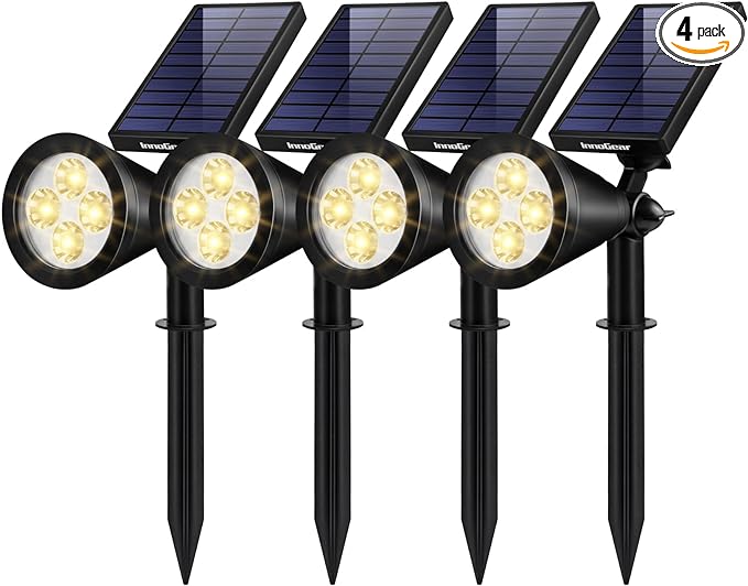 InnoGear 4 Solar Lights Outdoor Spot Garden Yard Landscape Flag, Warm White | Waterproof, Auto On/Off, Adjustable Brightness, 2 Installations, Flag Pole, Tree, Uplights, Solar Powered Spotlight, Pathway