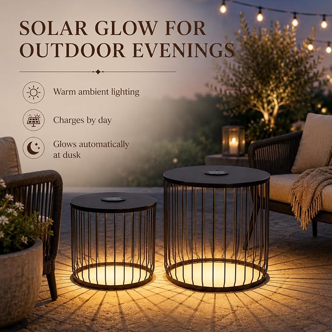 HRVEOCEI Black Round Nesting Coffee Table Set of 2, 2 PCS Small Outdoor Nesting Tables with LED Light for Living Room, Metal Side Table Set for Balcony Patio (45 Inch + LED)