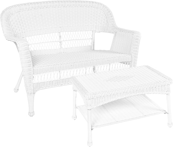 Jeco Wicker Patio Love Seat and Coffee Table Set without Cushion, White