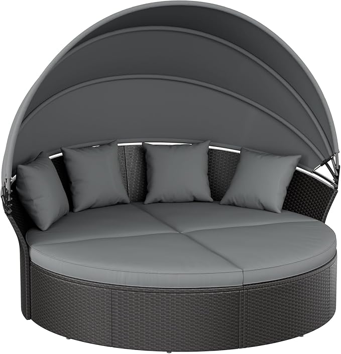 Patio Round Daybed with Canopy, Outdoor Wicker Rattan Sectional Sofa Set with Cushions, Patio Conversation Set for Backyard, Porch, Pool (Black)