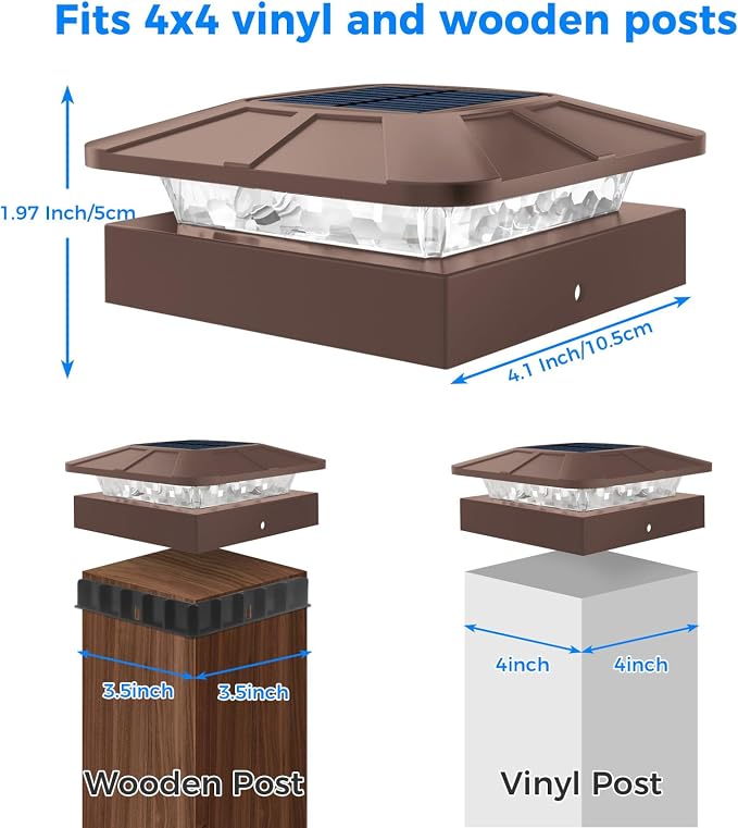 4x4 Solar Post Cap Lights Outdoor with 3 Modes, 20 Packs Brown Fence Deck Light Solar Powered Waterproof, Wood/Vinyl Posts Top Lights for Yard Garden Patio Porch Railing Outside