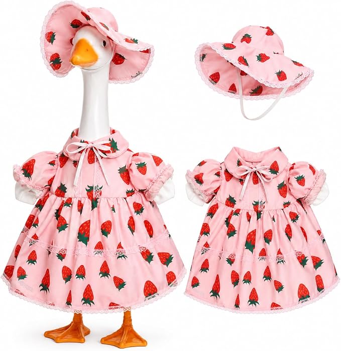 23-Inch Porch Goose Outfit for Spring Summer, Strawberry Dress with Matching Hat, Fits Cement & Plastic Goose Statues, Outdoor Lawn Decor
