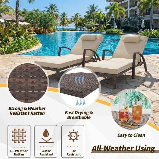 GarveeLife Outdoor Wicker Chaise Lounge Chair with Cushion, Metal Frame Patio Reclining Lounge Bed, All-Weather Rattan Sun Lounger for Poolside, Garden, Backyard & Balcon,Brown Wicker, Beige Cushion