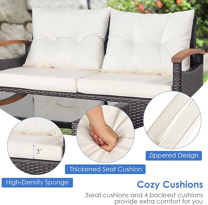 HAPPYGRILL 4 Piece Patio Conversation Set Rattan Sectional Sofa Set with Soft Cushions and Coffee Table, Outdoor Wicker Furniture Set with Acacia Wood Armrests, Perfect for Poolside, Garden, Backyard