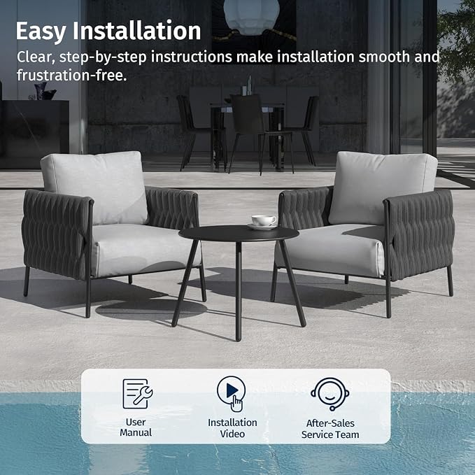 EAST OAK 3-Piece Patio Furniture Set | Armchairs & Coffee Table | Outdoor Furniture with Cushions | Deep Seating Modern Conversation Set | Garden, Porch, Balcony & Backyard | Misty Grey