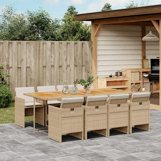 9-Piece Patio Dining Set, 8-Seater Outdoor PE Rattan Table and Chair Furniture, Foldable Garden Seating with Cushions, Space-Saving Cube Design, Brown and Beige