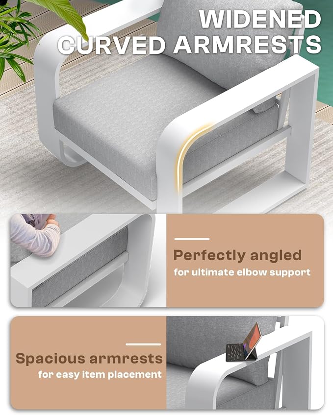 Oversized Aluminum Outdoor Furniture Set, Extra Large Patio Furniture Sofa Set 4.8” Widened Armrest & Ultra-Thick Cushions, 5 Pcs Modern Patio Sectional for Backyard, Porch, White