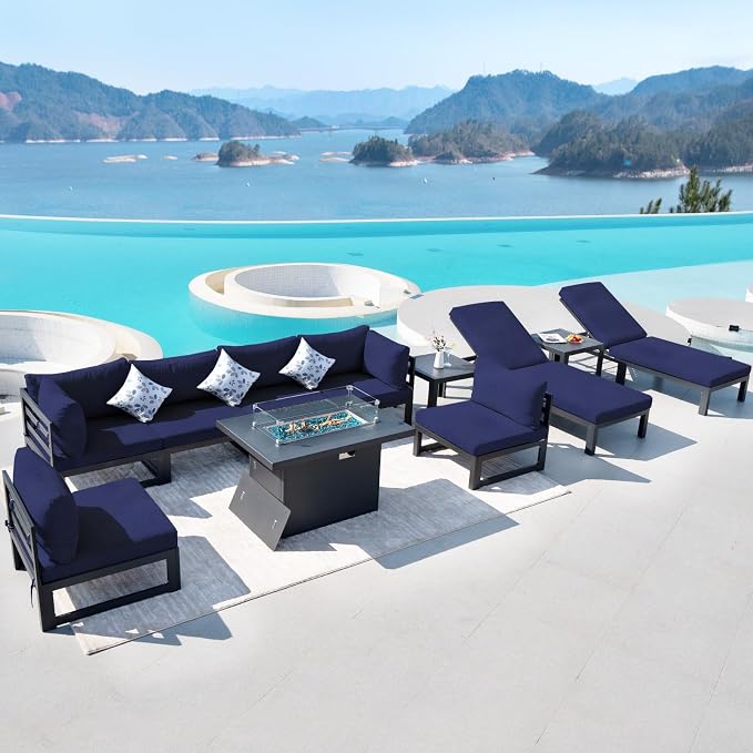 RADIATA 11 Piece Large Modern Aluminum Patio Furniture Set, Fade Resistant Modular Outdoor Conversation Set with Lounge & Fire Pit Table, 500 lbs Durable Modular Sectional Sofa for Garden, Navy Blue