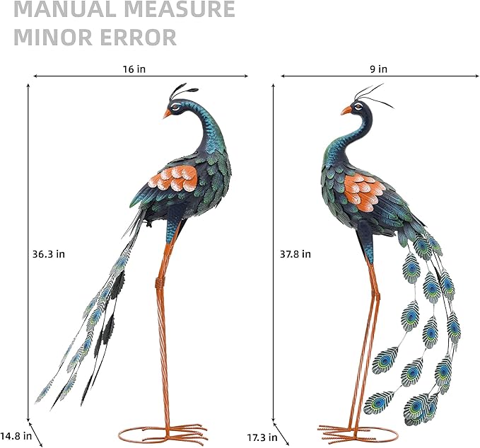 36" Peacock Decor Set of 2, Metal Yard Art Hand-Painted | Oversized Garden Statues & Sculptures for Lawn, Flower Beds, Patio, Backyard , Indoor Kitchen & Home Decor,Weatherproof
