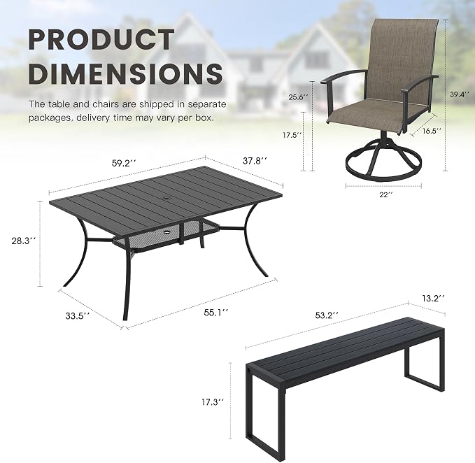 6 Pieces Patio Dining Set with Outdoor Bench, 59.2" Rectangular Patio Dining Table and Swivel Chairs for 6-7 People, Outdoor Furniture Set for Garden Deck, Mixed Brown & Black