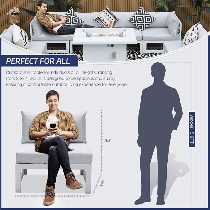 BULEXYARD 9 Pcs Luxury Aluminum Outdoor Sectional Sofa with Rectangular Fire Pit Table, Oversized L Shaped Patio Furniture Set, 29" Deep Wide Seat, 500 lbs Heavy Duty Conversation Set for Yard, White